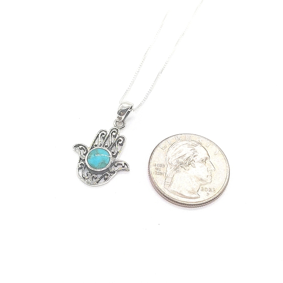 Sterling Silver Filagree Hamsa Hand Genuine Turquoise Pendant Necklace - ITALY - Picture 7 of 7